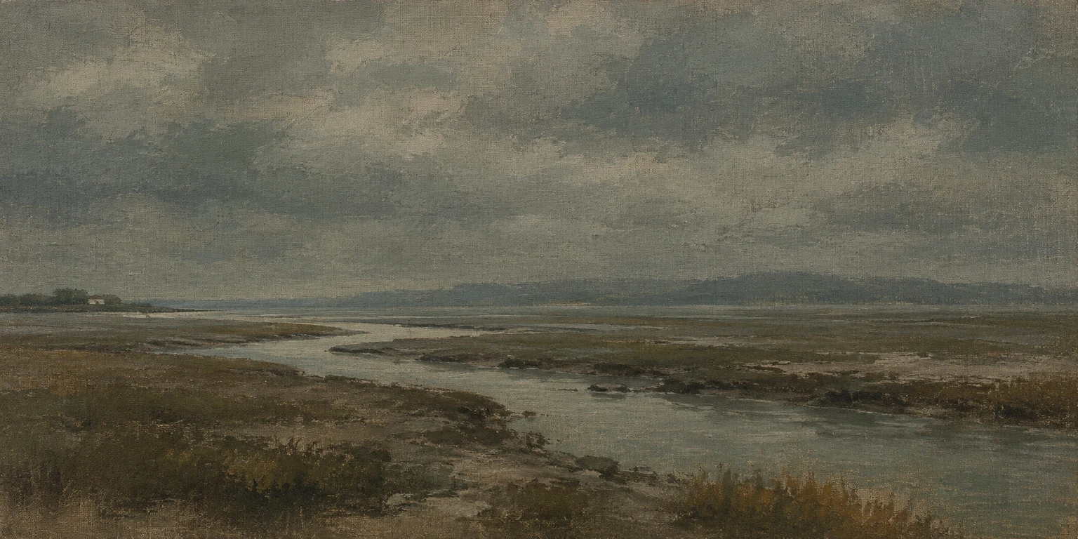 A salt creek winding through mudflats in charcoal, gray, brown, taupe; panoramic artwork.