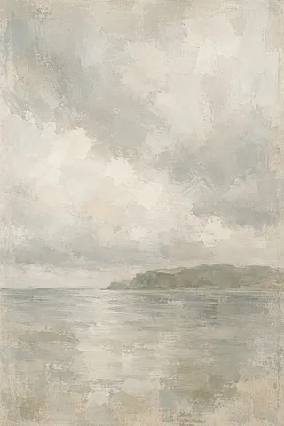 An empty roadstead under low cloud in stone, cream, sand; portrait artwork.
