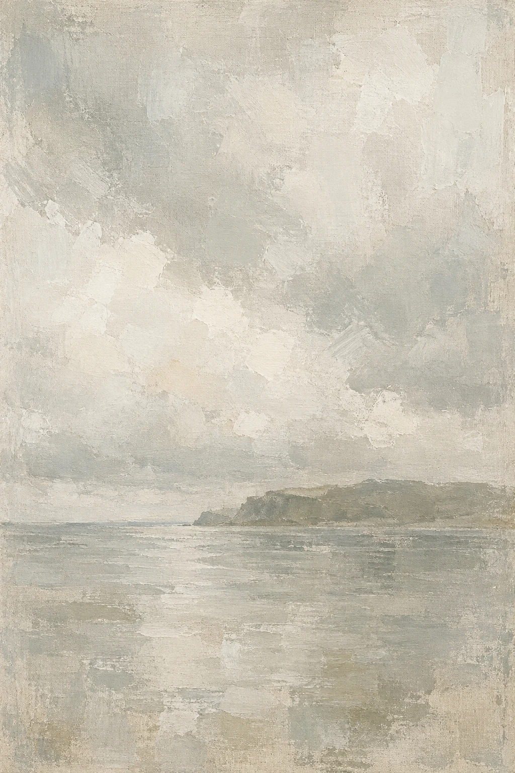 An empty roadstead under low cloud in stone, cream, sand; portrait artwork.