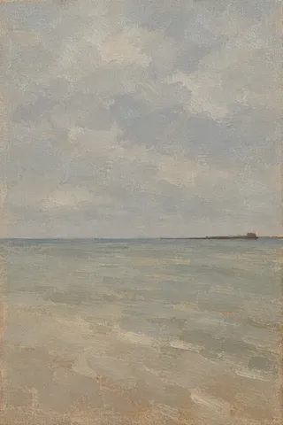 A breakwater reduced to one dark line in gray, stone, sand, sage; portrait artwork.