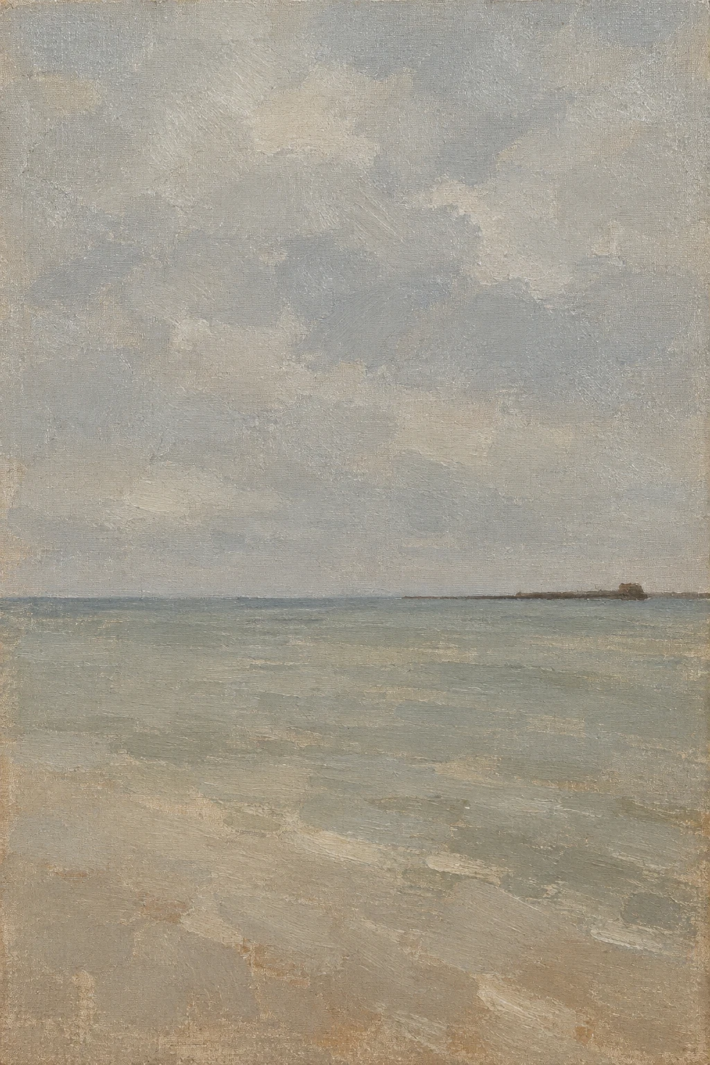 A breakwater reduced to one dark line in gray, stone, sand, sage; portrait artwork.