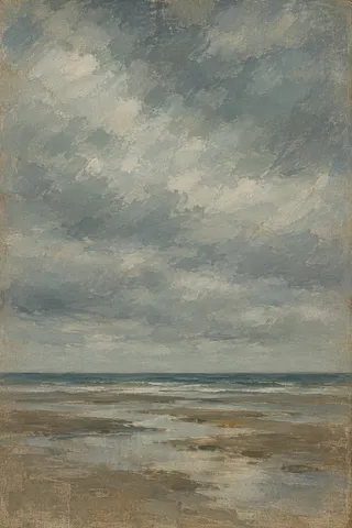 A tide flat at slack water in gray, taupe, stone, olive; portrait artwork.