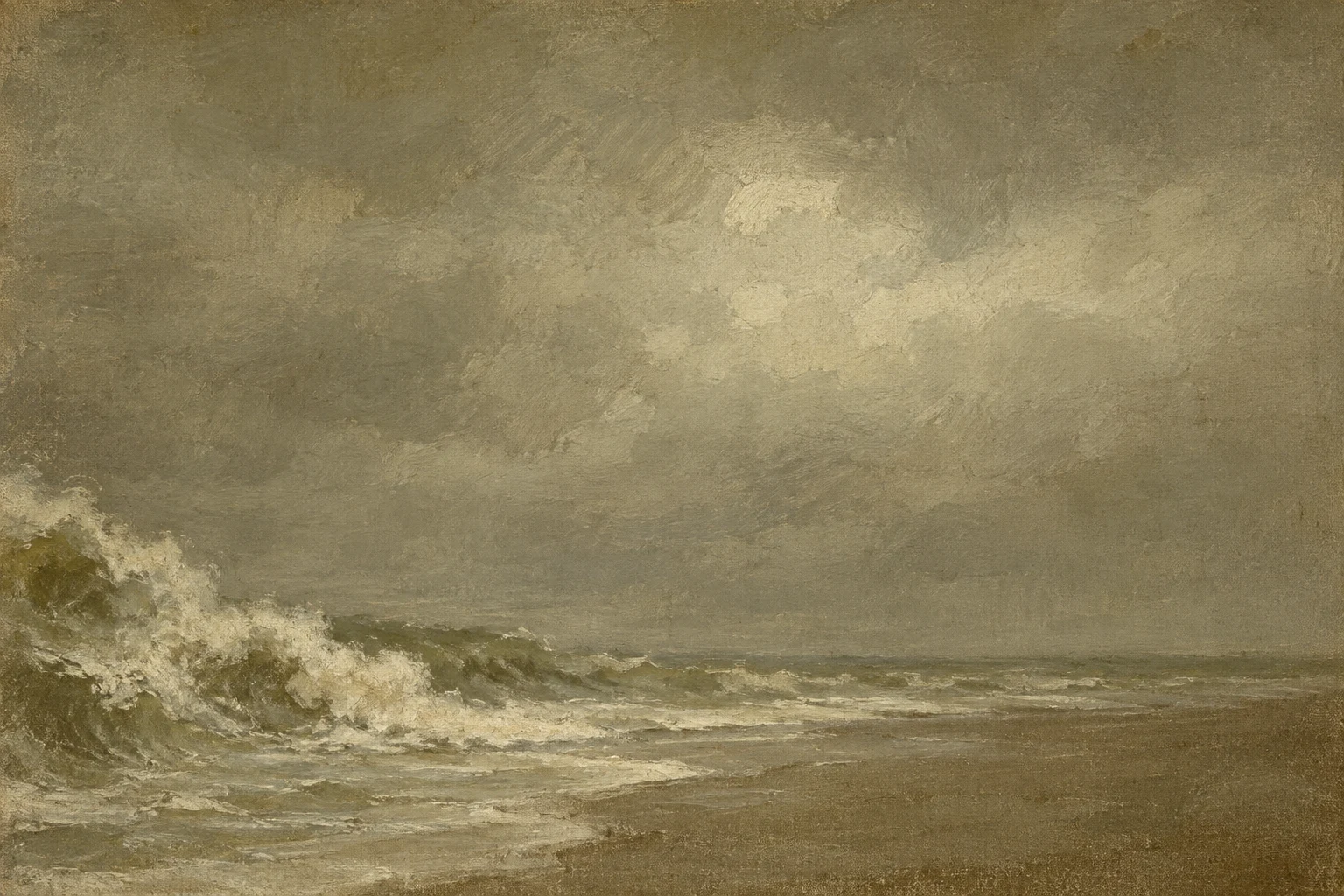 Surf collapsing on an empty beach in taupe, olive, sage, sand; landscape artwork.