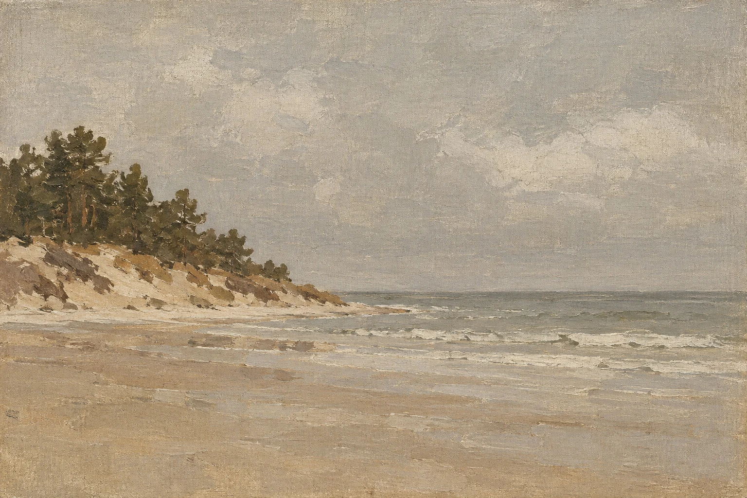 A bar of sand cutting a gray sea in sand, sage, stone, gray; landscape artwork.