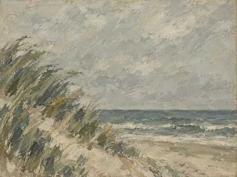 Dune grass bending under wind in stone, taupe, olive, gray; landscape artwork.