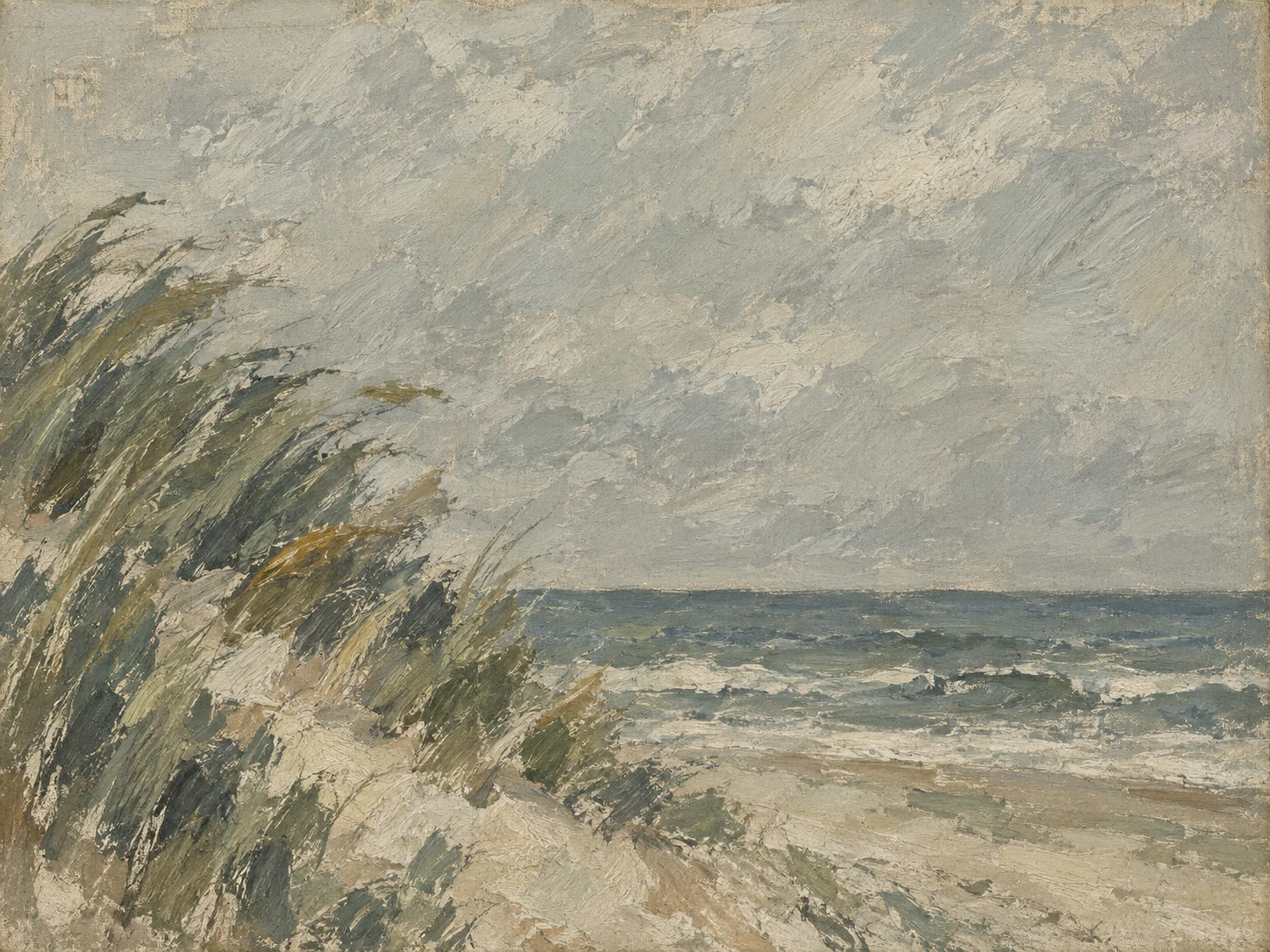 Dune grass bending under wind in stone, taupe, olive, gray; landscape artwork.