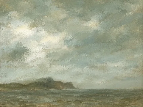 A headland half lost in haze in sage, stone, olive, sand; landscape artwork.
