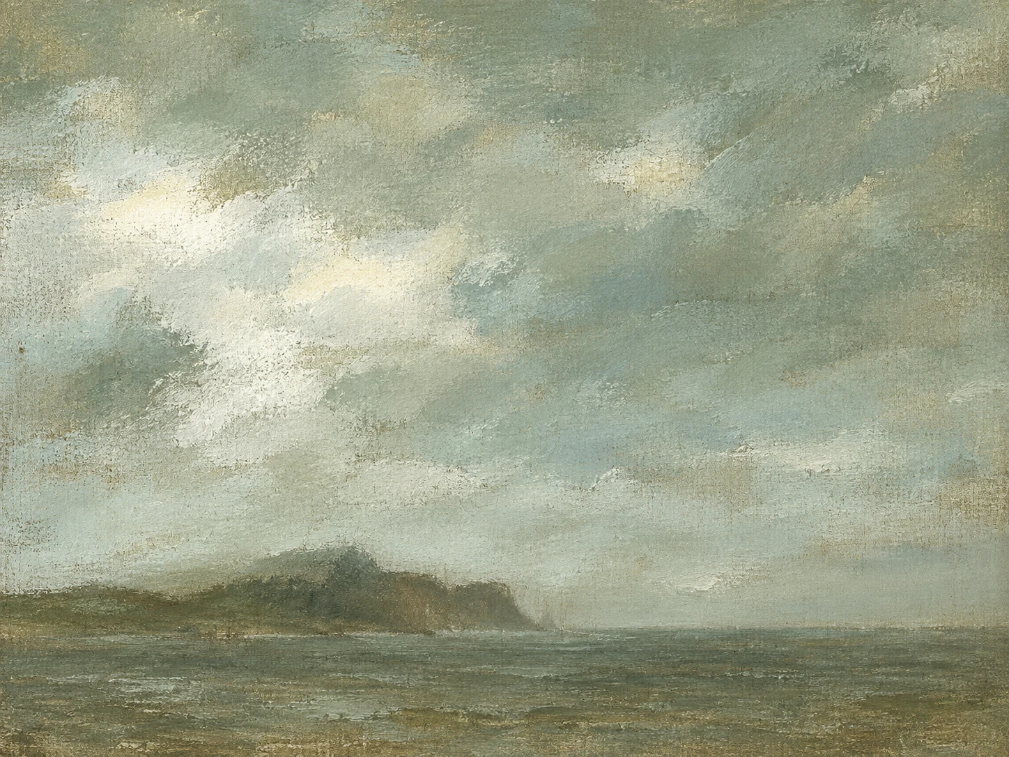 A headland half lost in haze in sage, stone, olive, sand; landscape artwork.