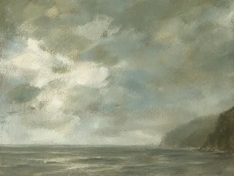 A headland half lost in haze in sage, taupe, stone, sand; landscape artwork.