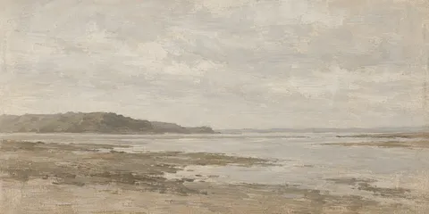 A shallow inlet at low water in stone, cream, gray, sand; panoramic artwork.