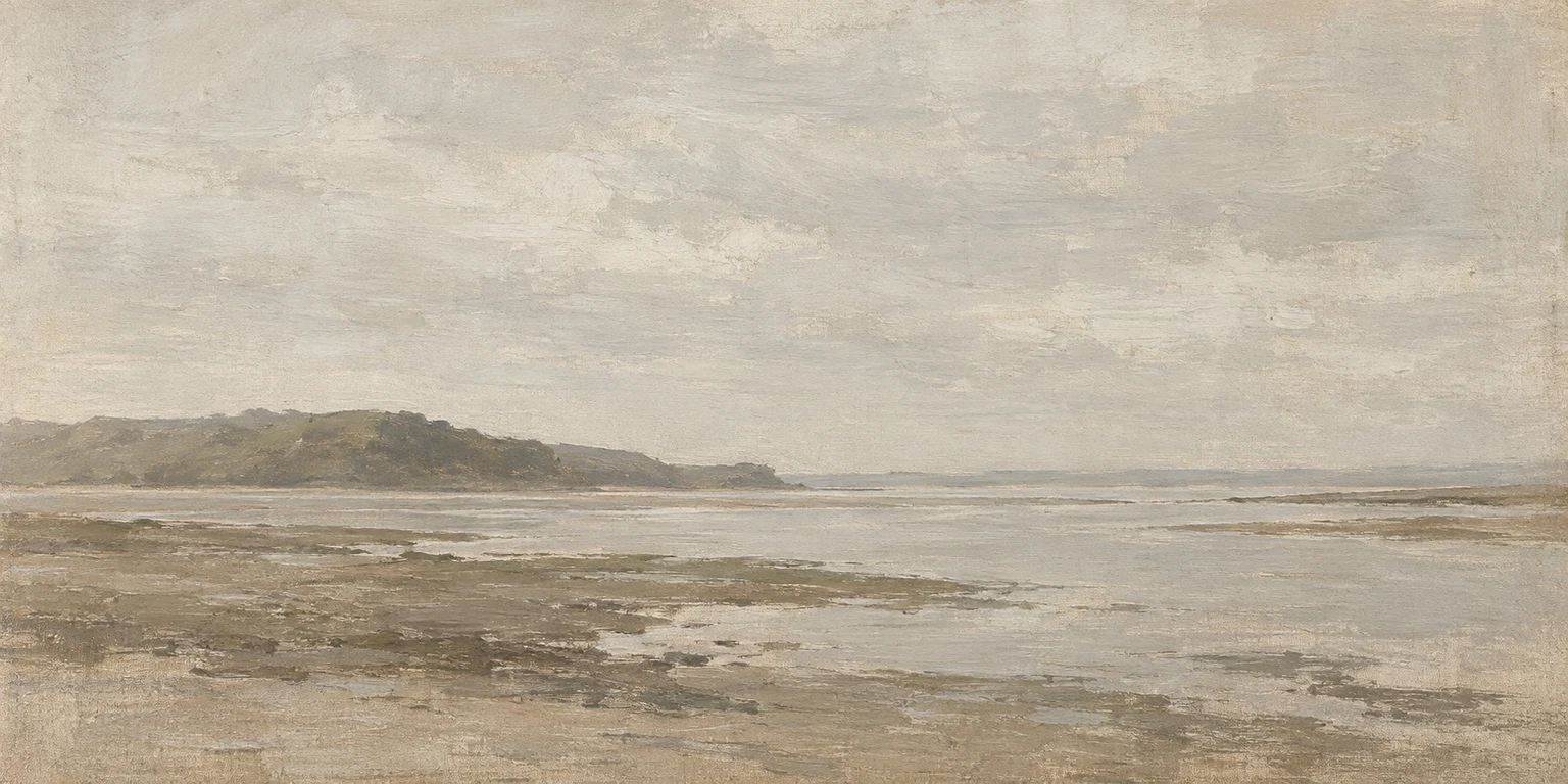 A shallow inlet at low water in stone, cream, gray, sand; panoramic artwork.