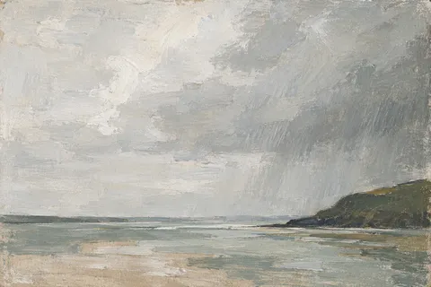 Rain moving across an estuary in stone, cream, gray; landscape artwork.