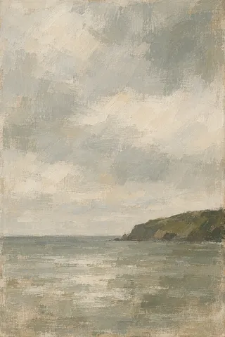 The horizon reduced to three tonal bands in stone, sage, cream, sand; portrait artwork.