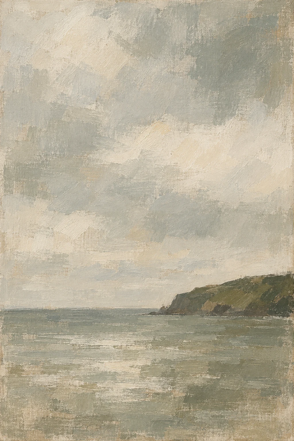 The horizon reduced to three tonal bands in stone, sage, cream, sand; portrait artwork.