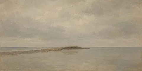A shingle spit running out into flat water in sand, gray, sage, stone; panoramic artwork.