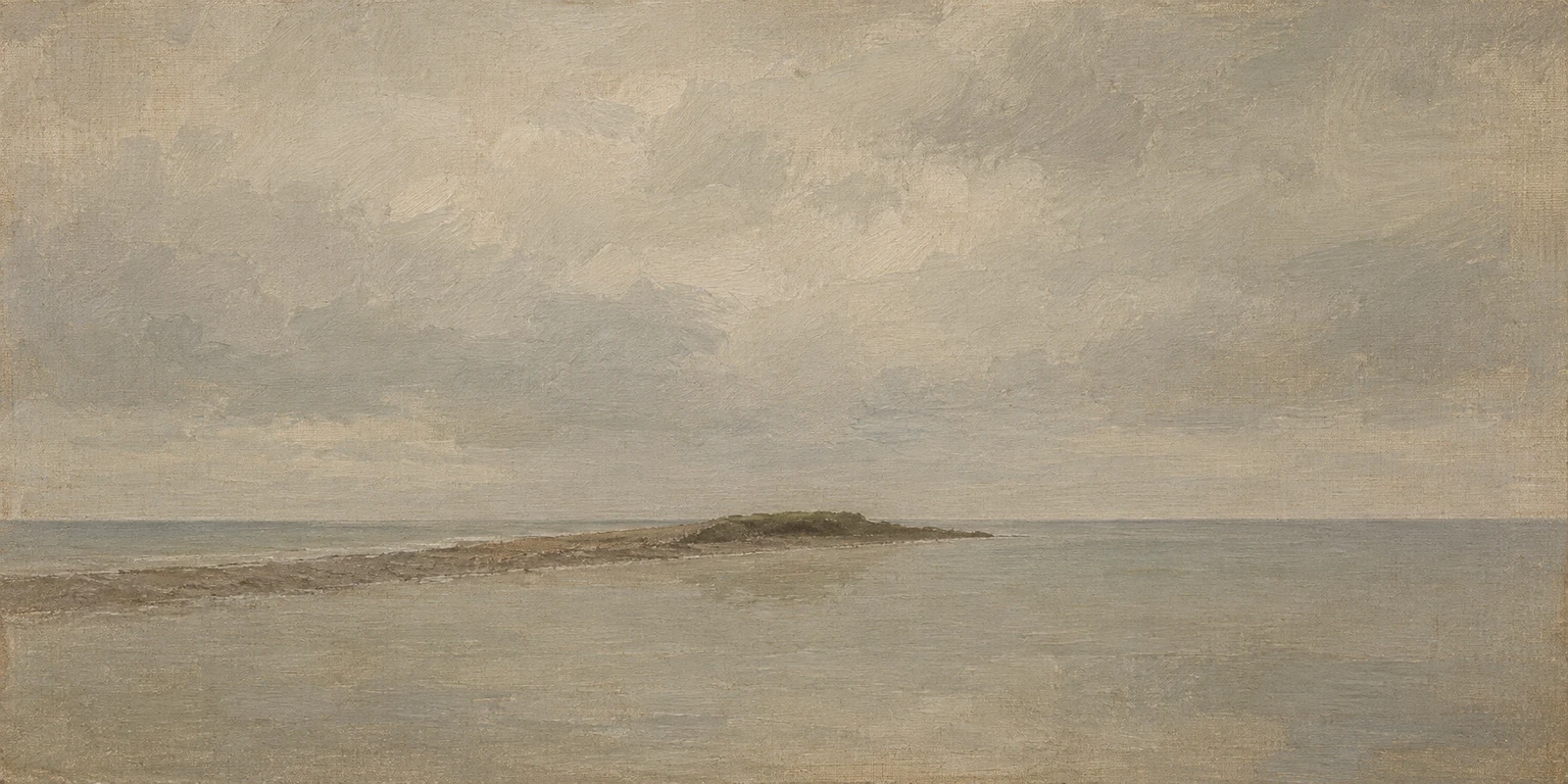A shingle spit running out into flat water in sand, gray, sage, stone; panoramic artwork.