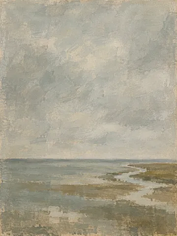 A salt creek winding through mudflats in stone, sage, sand, gray; portrait artwork.