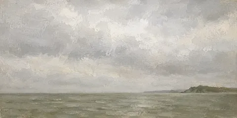 An empty roadstead under low cloud in stone, cream, taupe, gray; panoramic artwork.