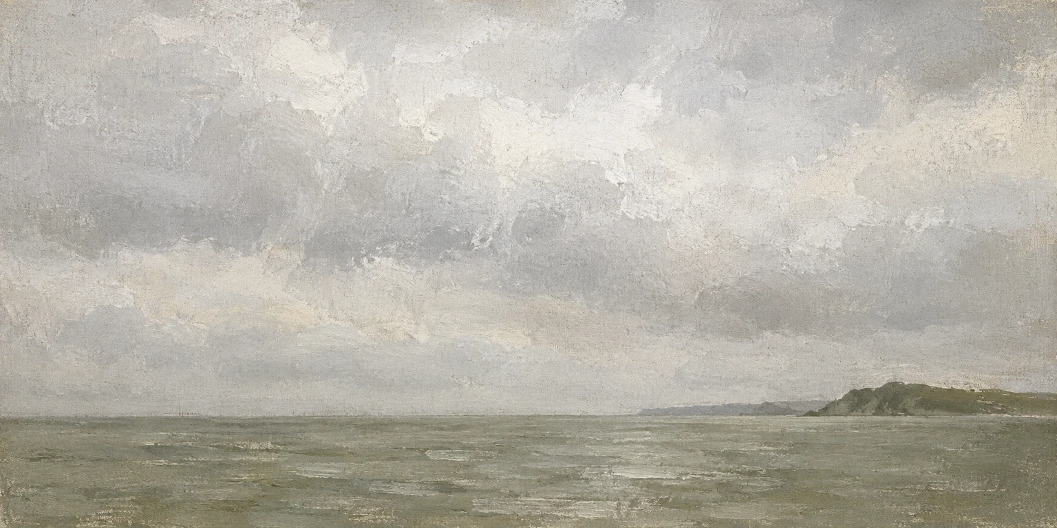An empty roadstead under low cloud in stone, cream, taupe, gray; panoramic artwork.