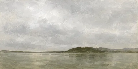 An empty roadstead under low cloud in stone, cream, sage, taupe; panoramic artwork.