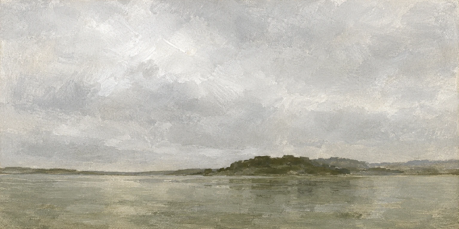 An empty roadstead under low cloud in stone, cream, sage, taupe; panoramic artwork.
