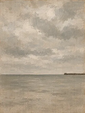 A breakwater reduced to one dark line in sand, gray, stone, sage; portrait artwork.