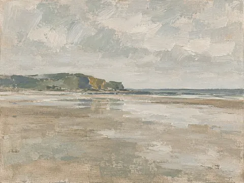 A tide flat at slack water in stone, sand, cream, gray; landscape artwork.