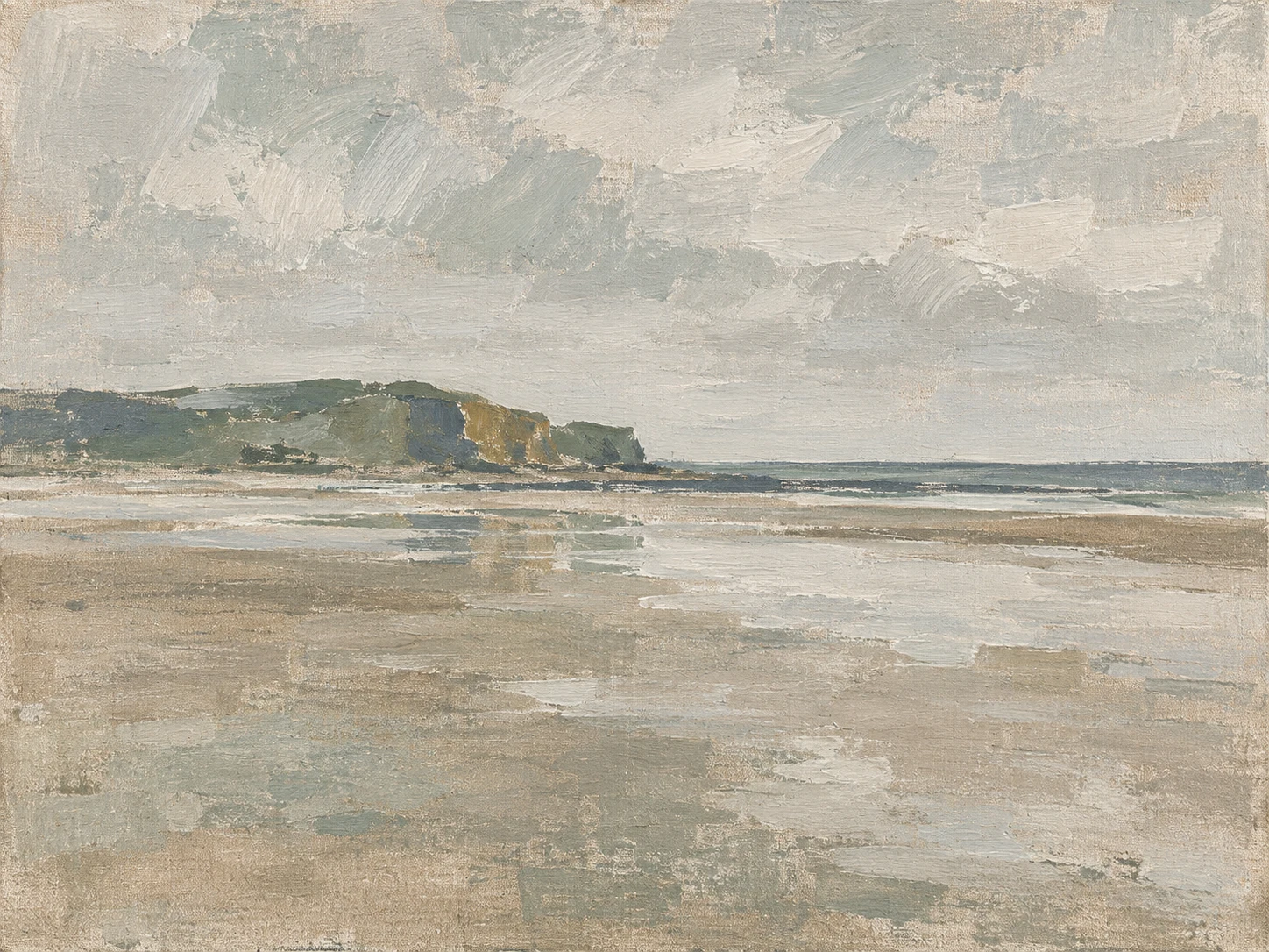 A tide flat at slack water in stone, sand, cream, gray; landscape artwork.