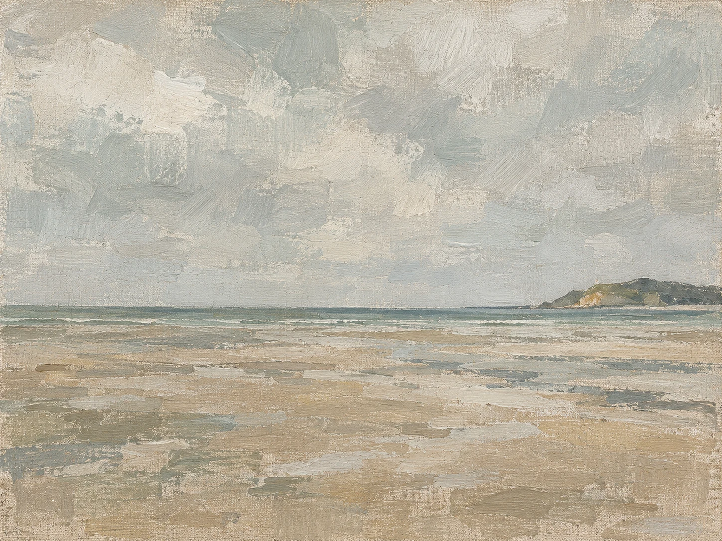 A tide flat at slack water in stone, sand, cream, gray; landscape artwork.