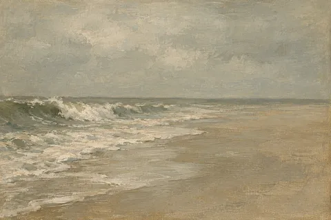 Surf collapsing on an empty beach in sage, sand, gray, stone; landscape artwork.