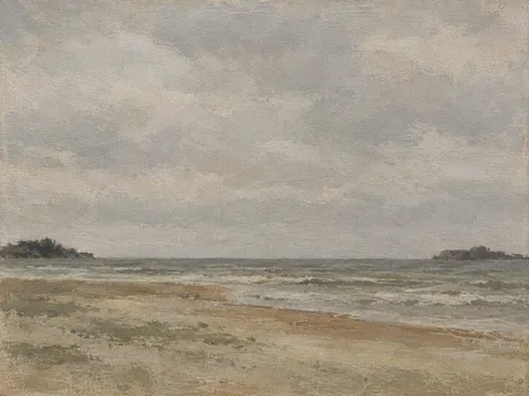 A bar of sand cutting a gray sea in stone, gray, sage, sand; landscape artwork.