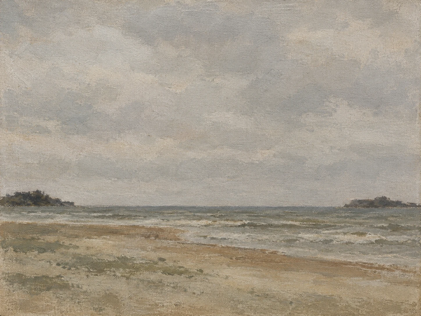A bar of sand cutting a gray sea in stone, gray, sage, sand; landscape artwork.