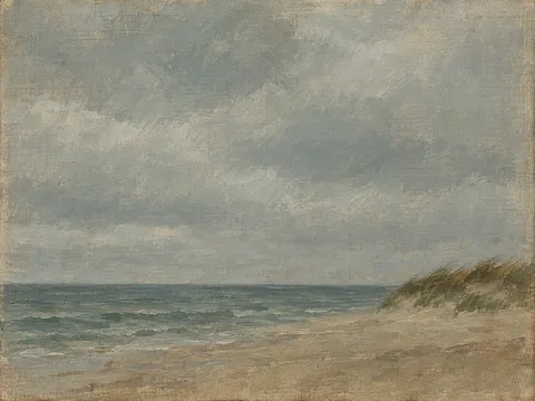 Dune grass bending under wind in gray, taupe, sand, olive; landscape artwork.