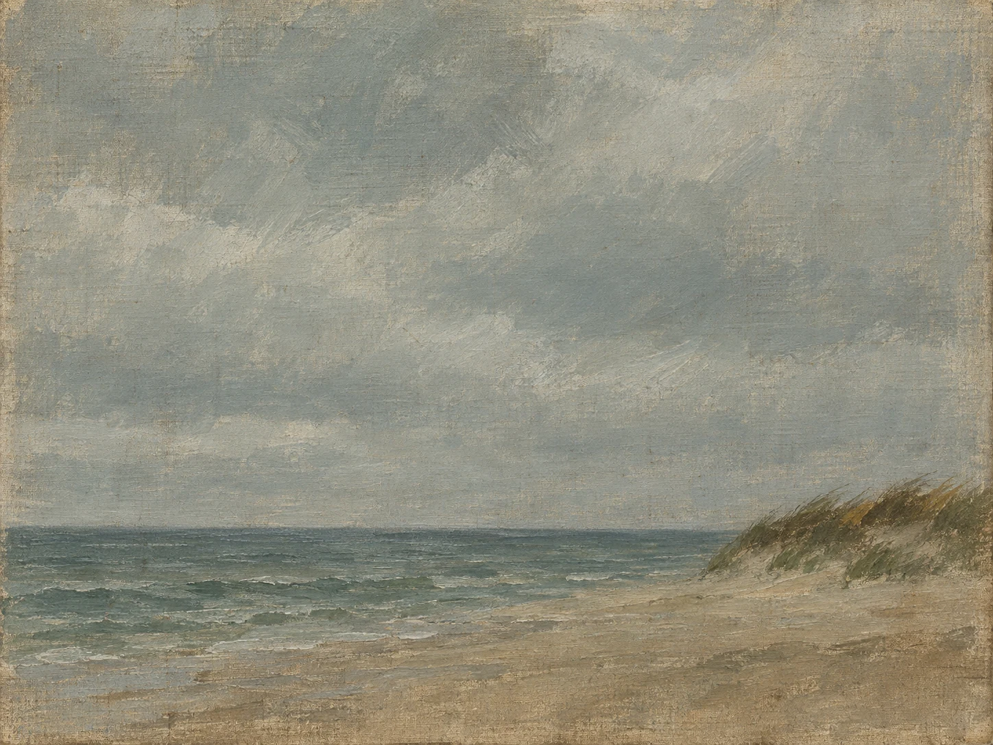 Dune grass bending under wind in gray, taupe, sand, olive; landscape artwork.