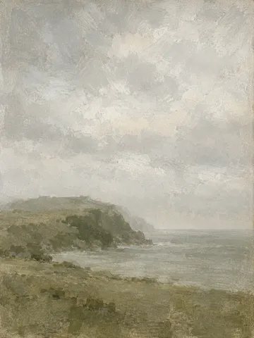 A headland half lost in haze in stone, cream, taupe, gray; portrait artwork.