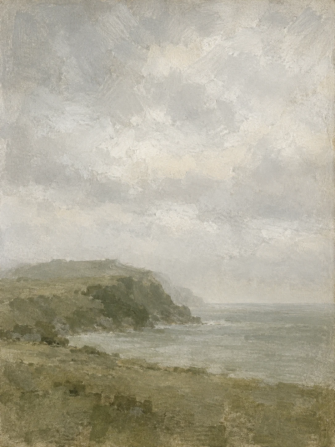 A headland half lost in haze in stone, cream, taupe, gray; portrait artwork.
