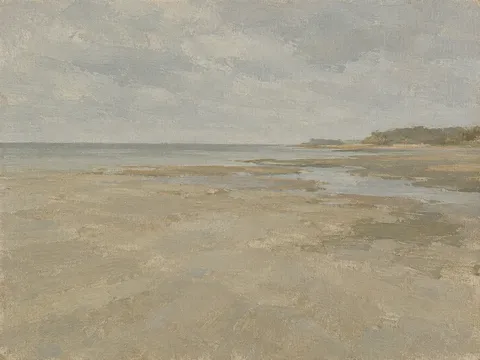A shallow inlet at low water in sage, stone, gray, sand; landscape artwork.