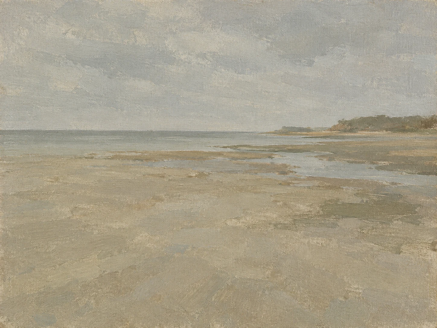 A shallow inlet at low water in sage, stone, gray, sand; landscape artwork.