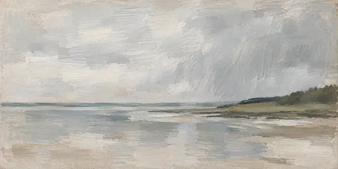 Rain moving across an estuary in stone, cream, gray; panoramic artwork.