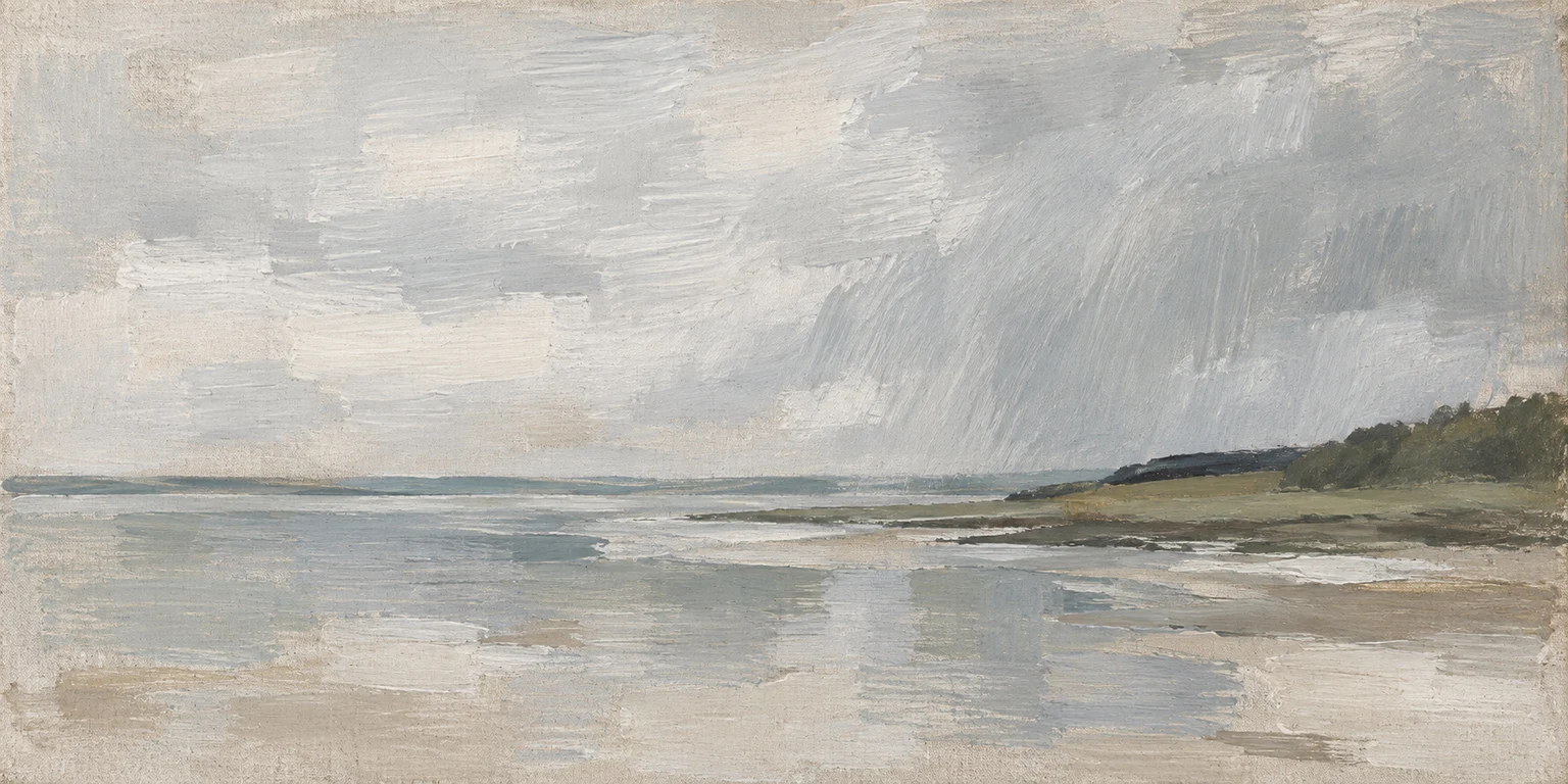 Rain moving across an estuary in stone, cream, gray; panoramic artwork.