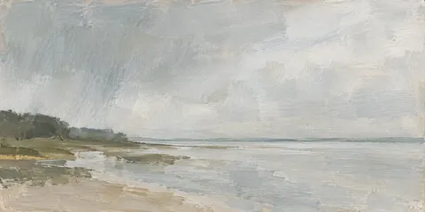 Rain moving across an estuary in stone, cream, taupe; panoramic artwork.