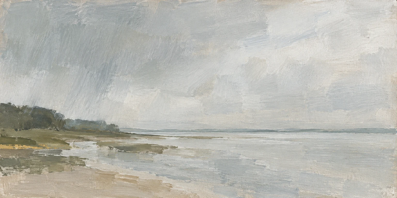 Rain moving across an estuary in stone, cream, taupe; panoramic artwork.