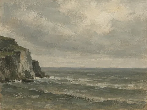 The horizon reduced to three tonal bands in olive, gray, sand, stone; landscape artwork.