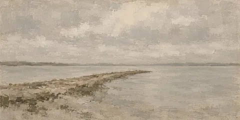 A shingle spit running out into flat water in stone, sand, gray, taupe; panoramic artwork.