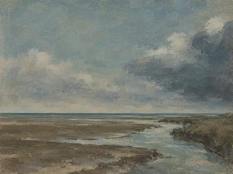 A salt creek winding through mudflats in gray, charcoal; landscape artwork.