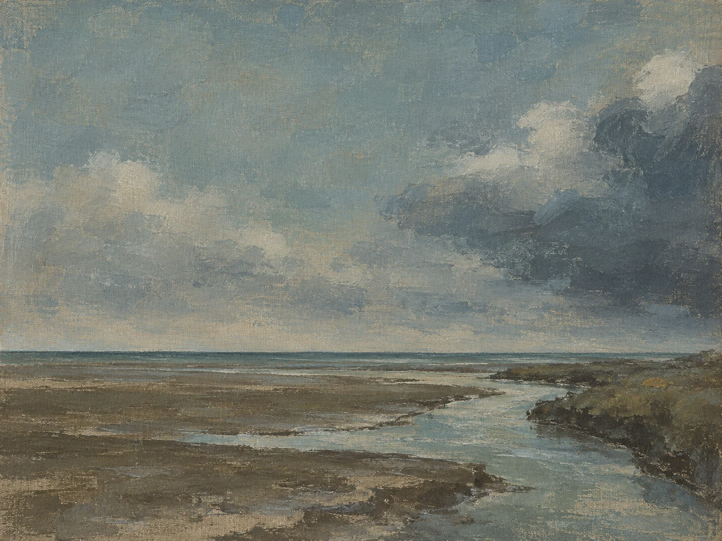 A salt creek winding through mudflats in gray, charcoal; landscape artwork.