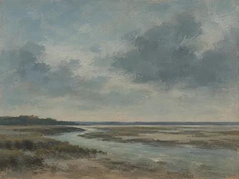 A salt creek winding through mudflats in gray, charcoal; landscape artwork.