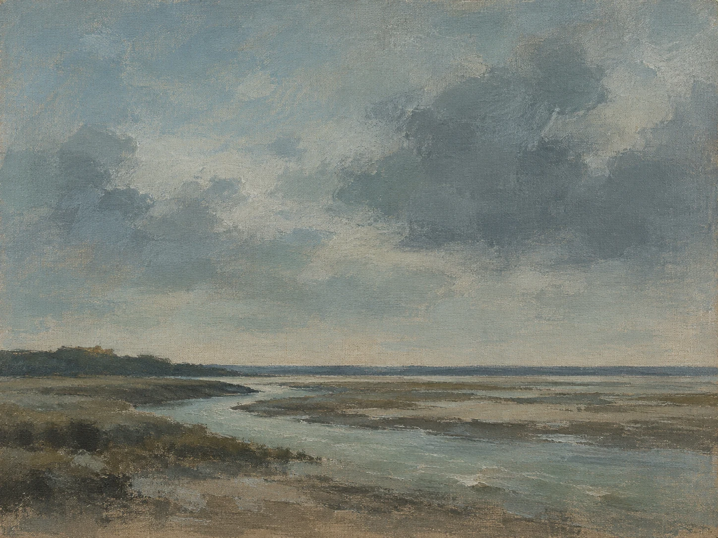 A salt creek winding through mudflats in gray, charcoal; landscape artwork.
