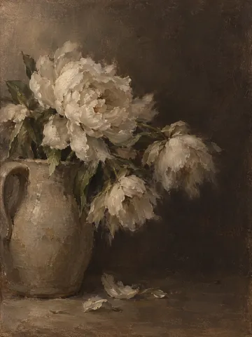 White peonies falling open in a stoneware jug in brown, black, olive, forest green; portrait artwork.