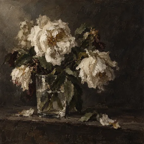 Garden roses past their best in a glass tumbler in black, brown, charcoal, sage; square artwork.